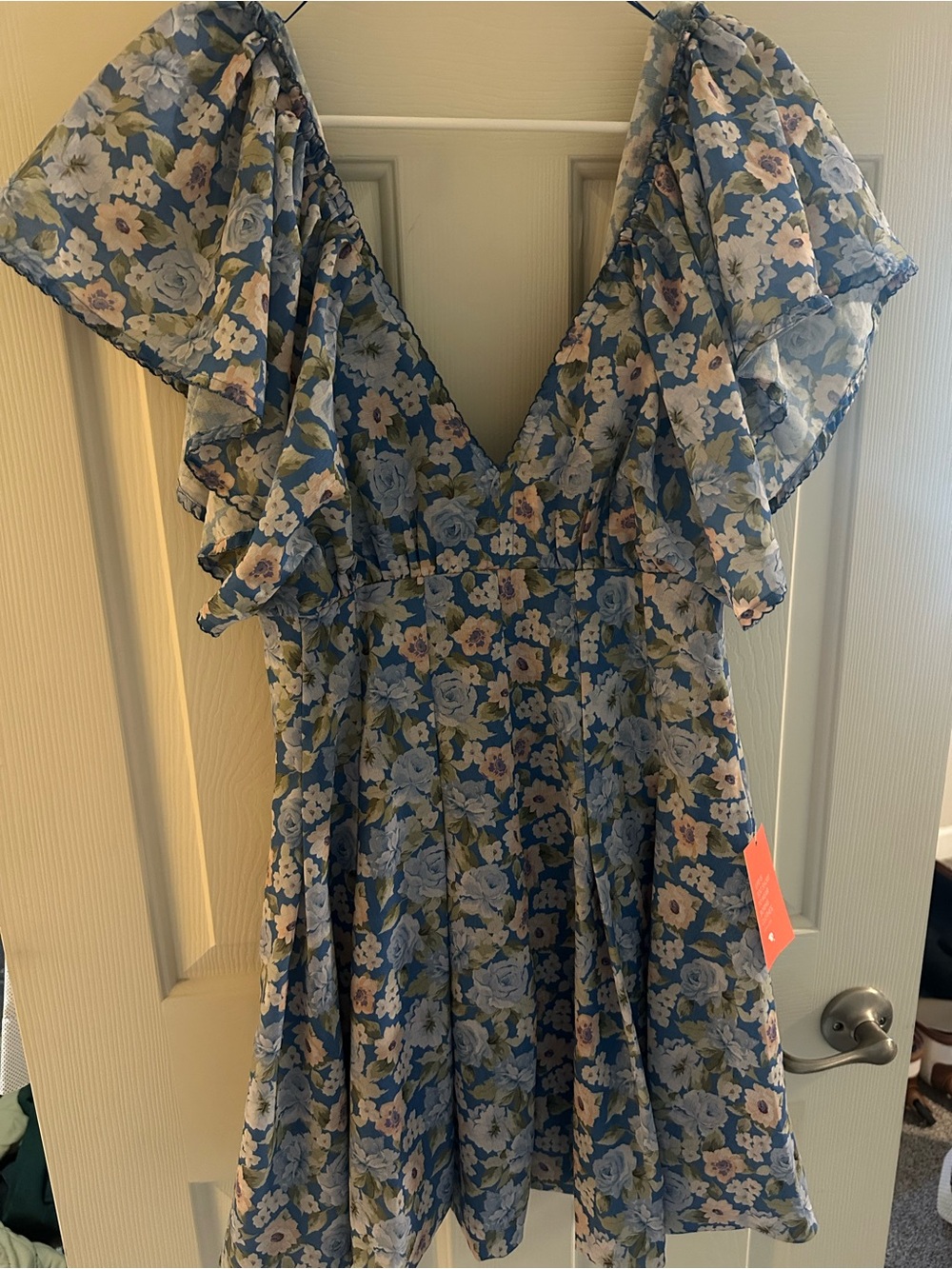 Floral V-Neck Ruffle Sleeve Dress in Blue